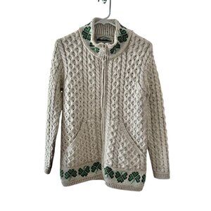 NWT Aran Crafts Shamrock Zip Cardigan Natural Women's Small Merino Wool